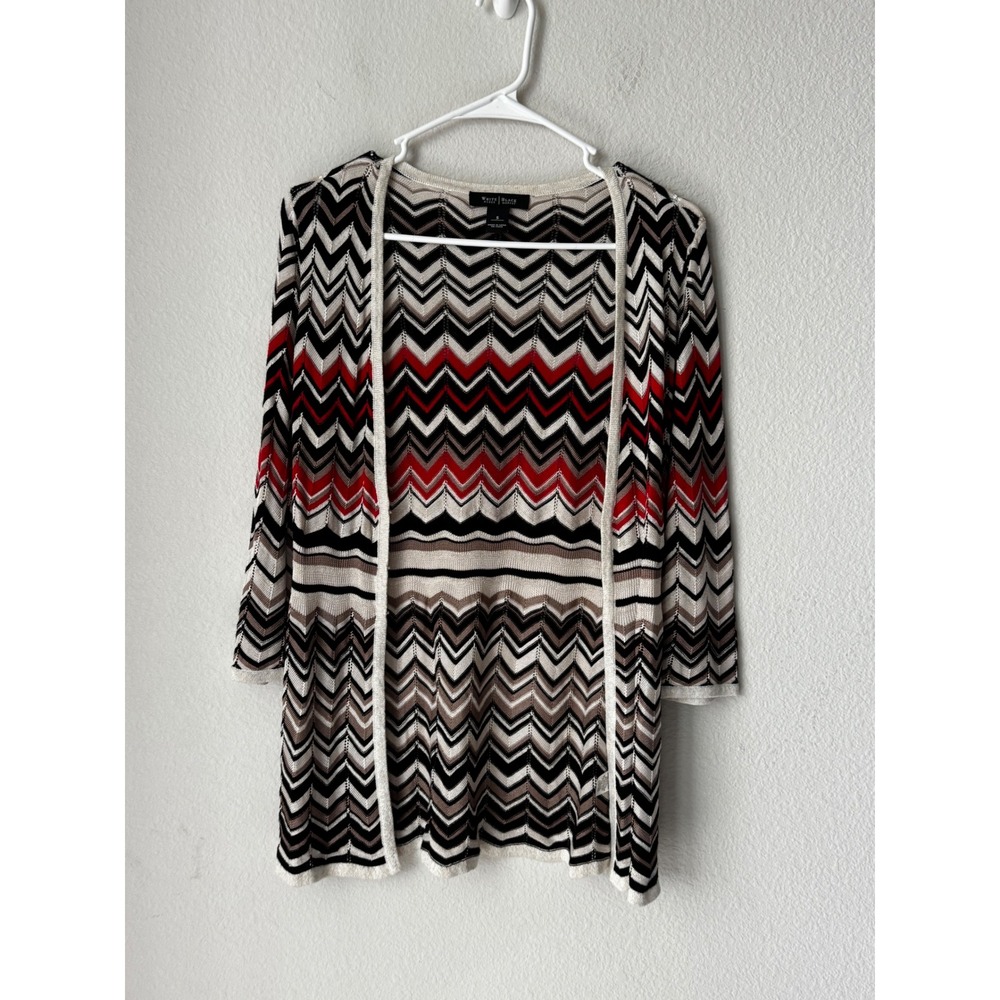 White House Black Market Red Black Chevron Zigzag Open Front Cardigan Small